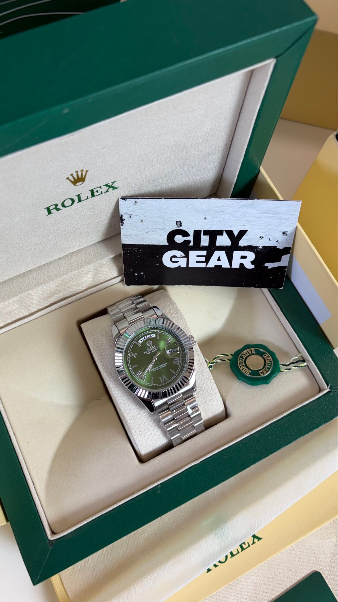 Rolex Oyster Perpetual Roman Day Date Silver Green