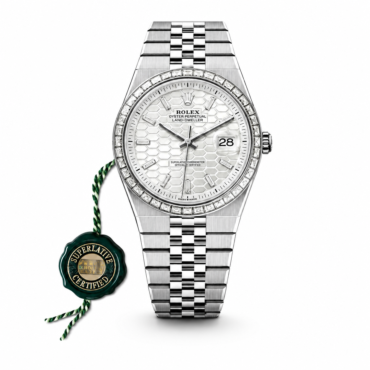 Rolex Oyster Perpetual Land Dweller Diamond Bazel Silver White