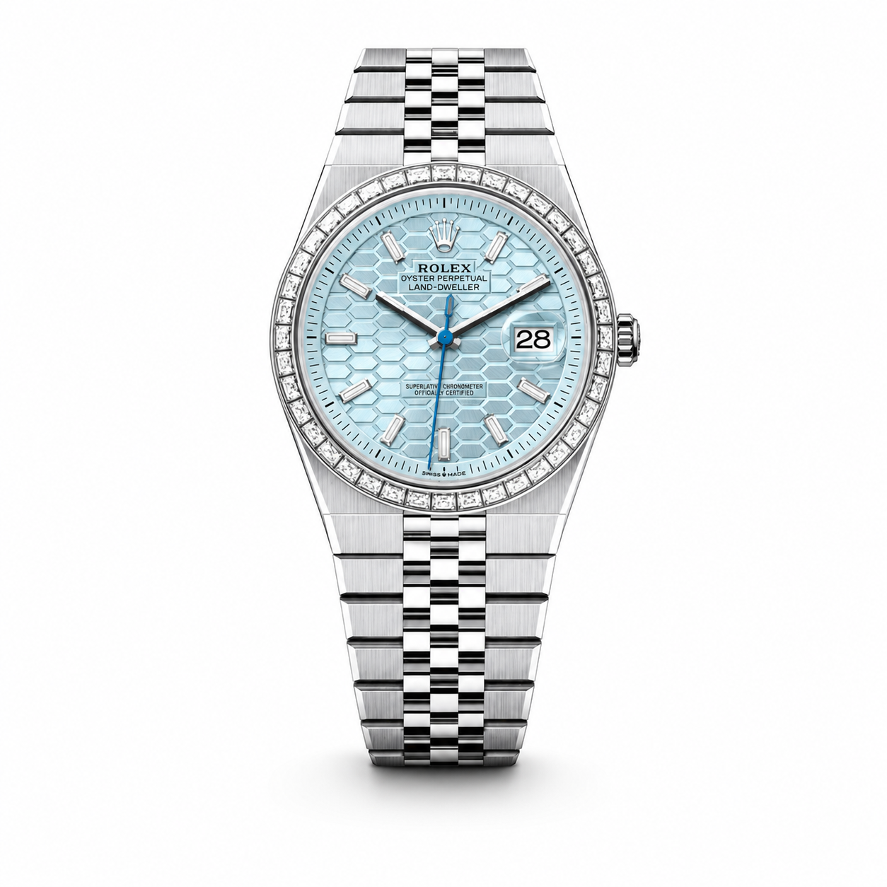 Rolex Oyster Perpetual Land Dweller Diamond Bazel Silver Sky-blue