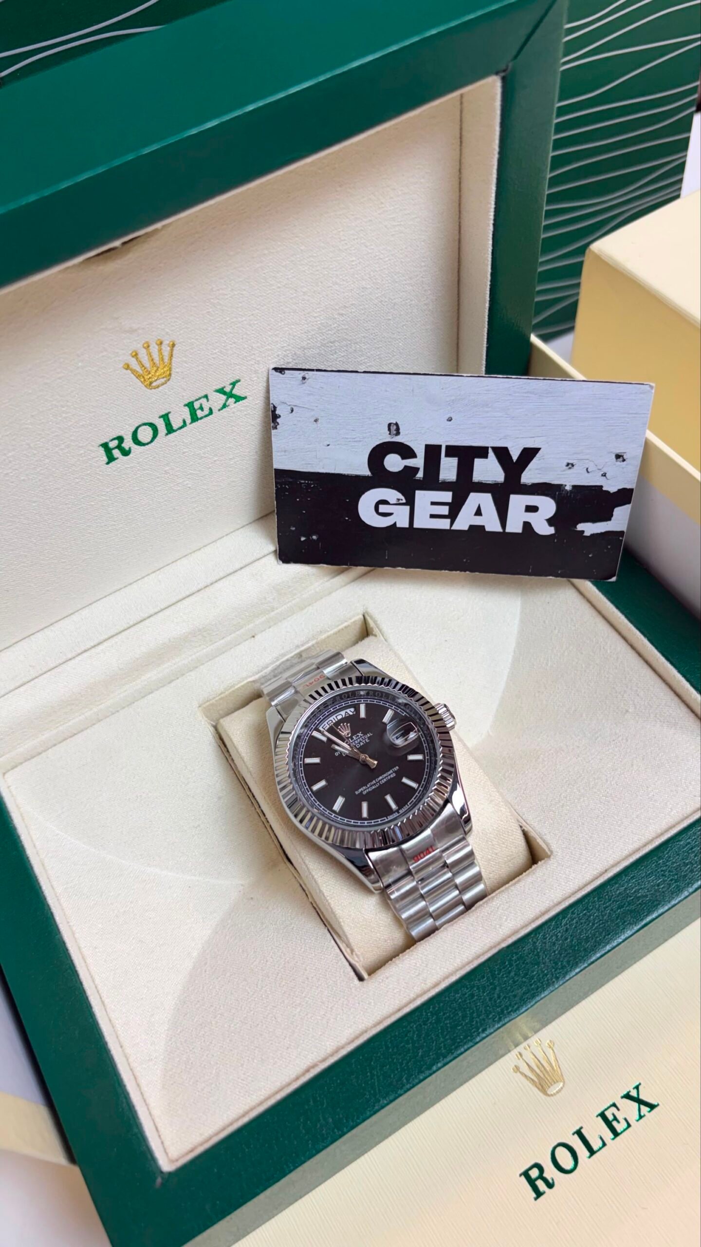 Rolex Oyster Perpetual Day Date Silver Black Automatic Watch